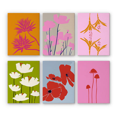 Set of six floral art paint by numbers kits in different colors on a white background