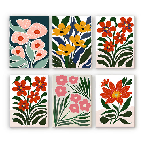 Mini Paint by Numbers Set - Floral Collection 1 with 6 colorful modern flower canvas designs, paints, and brushes.