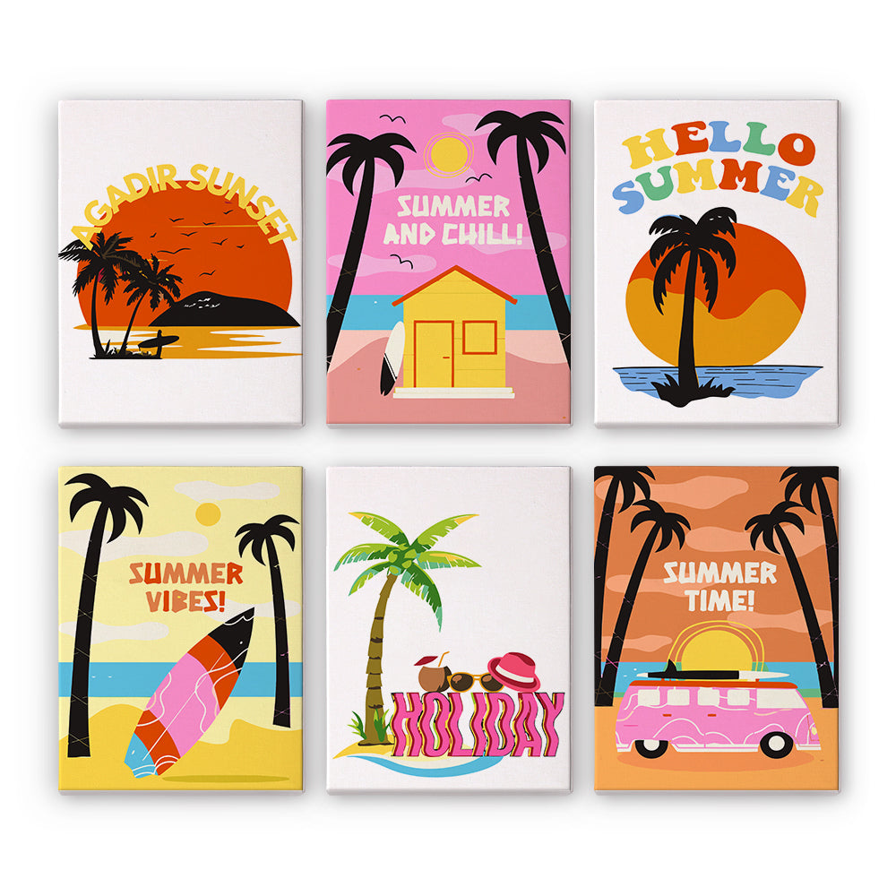 Set of six colorful summer-themed canvases with palm trees and beach elements on a white background.