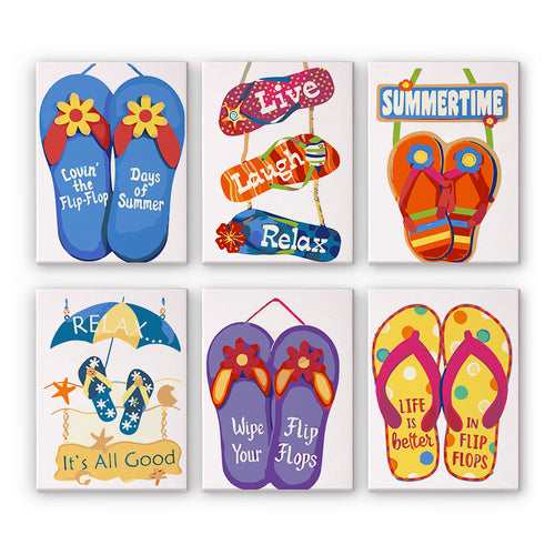 Set of six colorful flip-flop-themed paint by numbers mini kits on a white background.