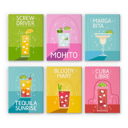 Colorful cocktail mini paint by numbers set featuring Margarita, Mojito, Bloody Mary, Screwdriver, Tequila Sunrise, and Cuba Libre.