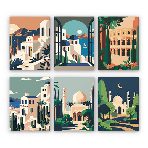 Set of six illustrated paint by numbers images featuring architectural landmarks and landscapes.