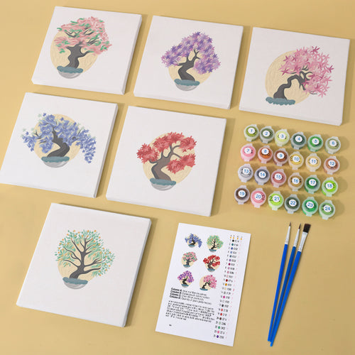 Zen Bonsais mini paint by numbers kit with acrylic paints and brushes included
