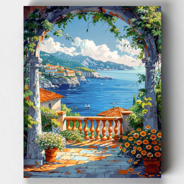 Colorful painting of a Mediterranean scene with houses, flowers, and mountains.