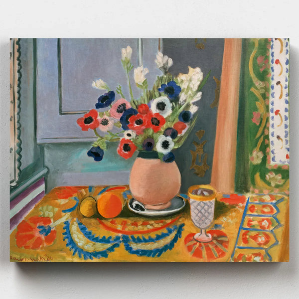 Still life painting with flowers and fruits on a table