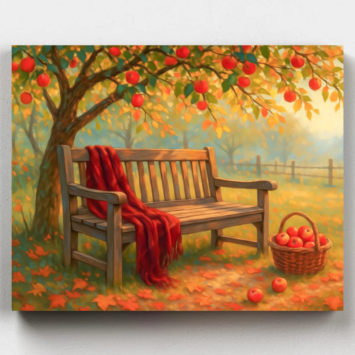 Painting of an apple tree with a bench and basket of apples