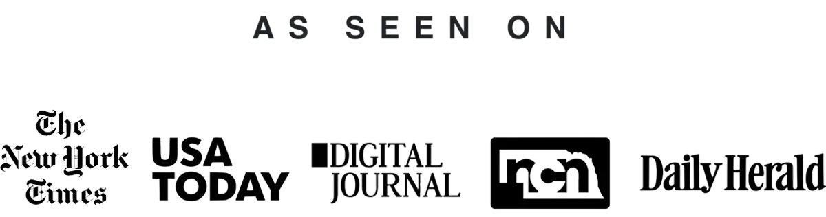 Logos of The New York Times, USA Today, Digital Journal, and Daily Herald on a white background.