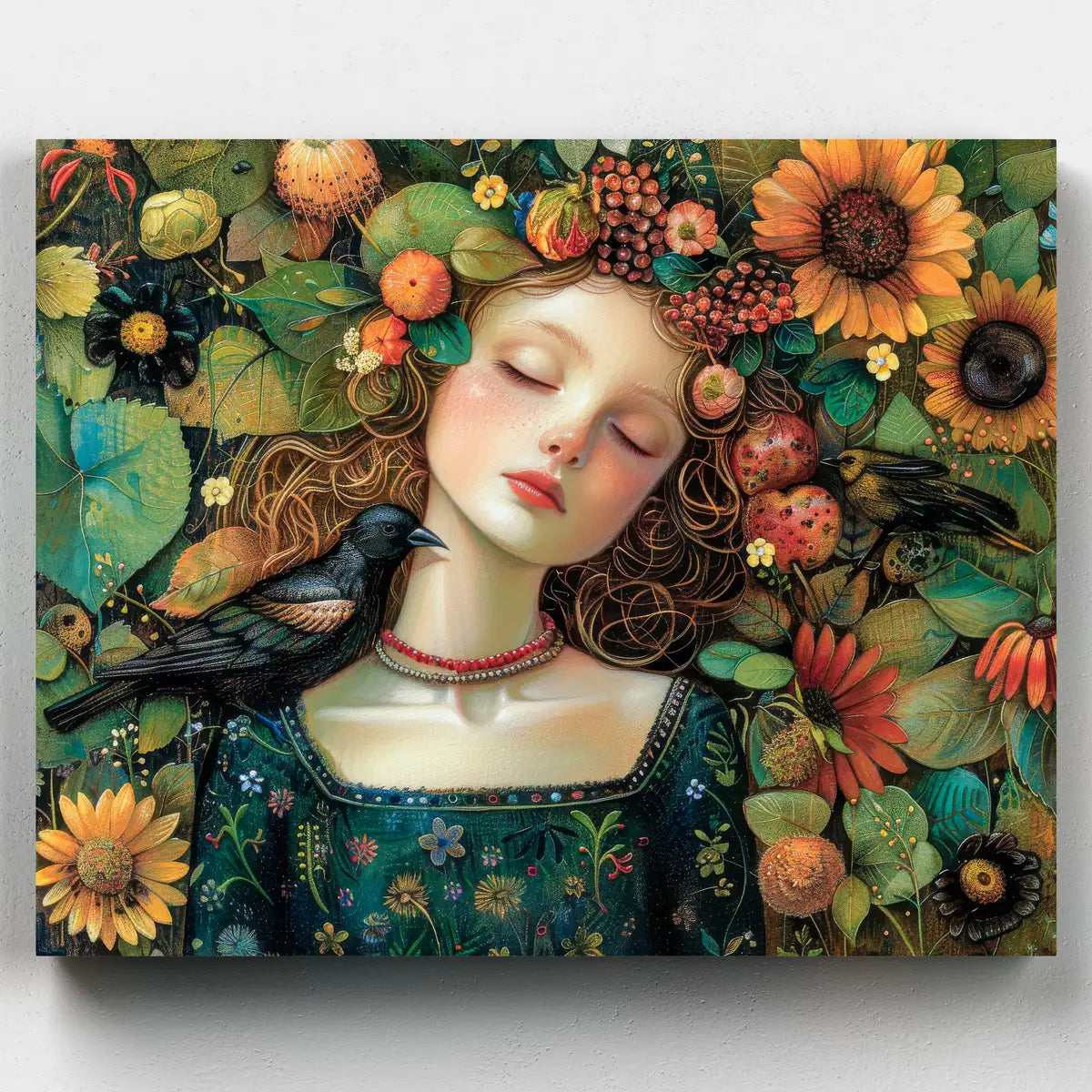 Artistic depiction of a woman surrounded by flowers and nature on a white background