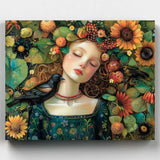 Artistic depiction of a woman surrounded by flowers and nature on a white background