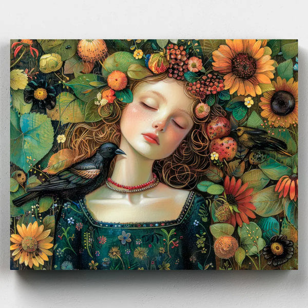 Artistic depiction of a woman surrounded by flowers and nature on a white background