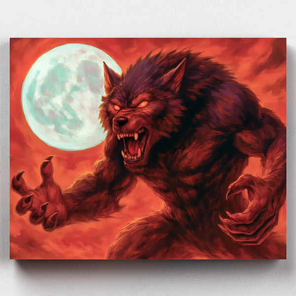 Halloween paint by numbers kit featuring a werewolf under a glowing full moon with fiery red skies.