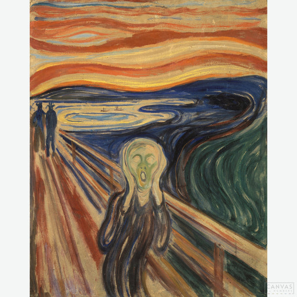 The Scream - Diamond Painting - Experience the haunting depiction of existential angst in Edvard Munch's The Scream, painted in 1893. With its swirling backdrop and agonized figure, The Scream remains a powerful symbol of the anxieties of the human condition - Canvas by Numbers