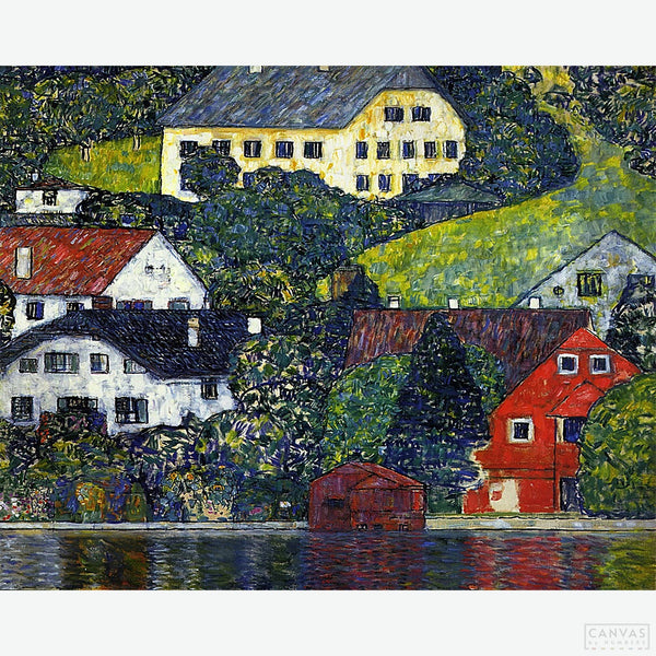 Houses at Unterach on the Attersee - Diamond Painting-Create a serene lakeside scene with our Gustav Klimt's Houses at Unterach on the Attersee Diamond Painting Kit. Perfect for art lovers and crafters.-Canvas by Numbers