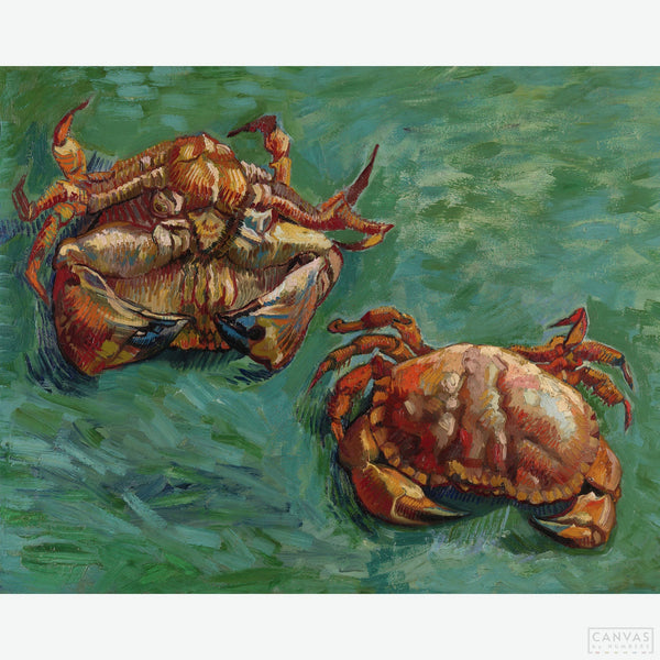 Two Crabs - Diamond Painting - The Two Crabs Diamond Painting, depicting a still life of two crabs against a vibrant green background. Inspired by a Japanese print, this two crabs masterpiece showcases van Gogh's fascination with the natural world and his mastery of color and form. - Canvas by Numbers