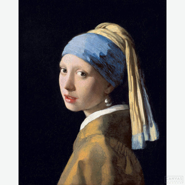 Girl with a Pearl Earring - Diamond Painting - Behold the allure of "Girl with a Pearl Earring, a mesmerizing painting from the Dutch Golden Age. This masterpiece by Johannes Vermeer depicts a European girl adorned in exotic attire, her gaze captivating as she wears a large pearl earring. - Canvas by Numbers