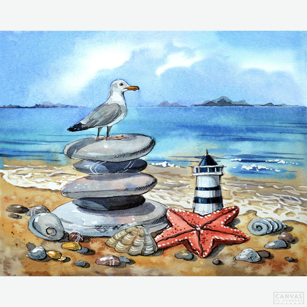 The Coast Guard - Diamond Painting - a miniature of the majestic lighthouse stands near the seashore, while a graceful seagull keeps watch over the shimmering sea. The scene is adorned with delicate pebbles, sea shells, and starfish. - Canvas by Numbers