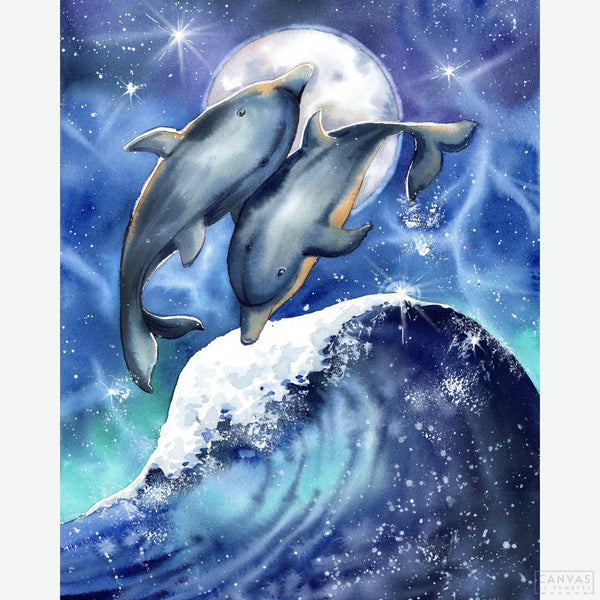 Surfing Under the Moon - Diamond Painting - This Diamond Painting captures the enchanting moment of two dolphins gracefully jumping over a dark blue wave. With their sleek gray bodies arched in perfect harmony, these bottlenose dolphins evoke a sense of freedom and wonder as they dance through the moonlit waters - Canvas by Numbers