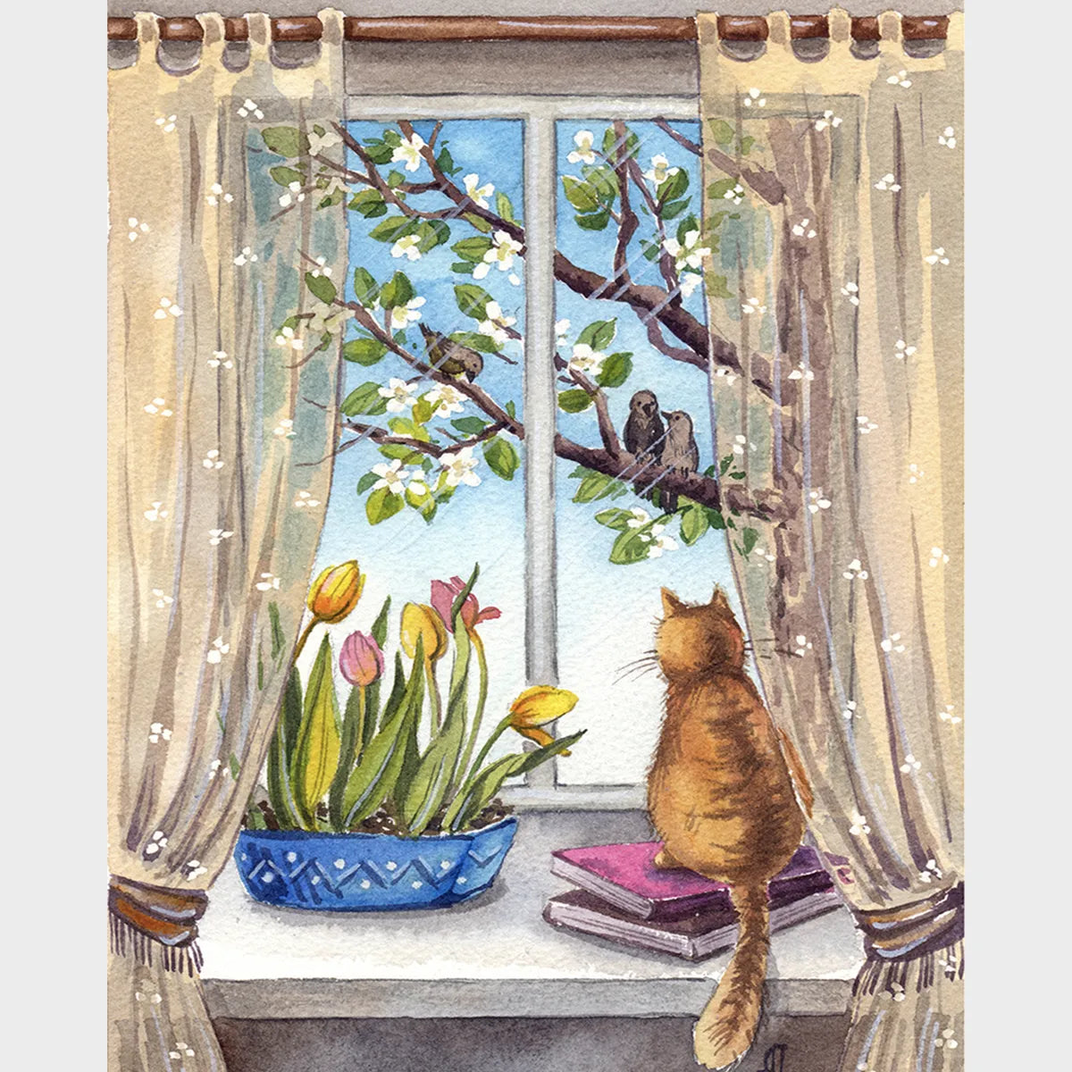A Peaceful Morning - Diamond Painting Kit-This stunning diamond painting kit, showcasing an adorable cat peering from an enchanting window amidst beautiful blossoms, is guaranteed to brighten your day!-Canvas by Numbers
