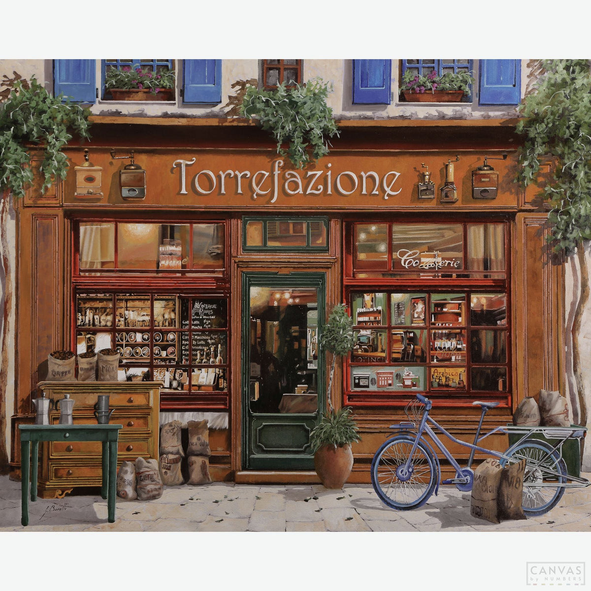 The Coffee Factory - Diamond Painting Kit-Recreate Guido Borelli's "Torrefazione" with our diamond painting kit. Craft a captivating European café scene and enjoy artistic tranquility.-Canvas by Numbers