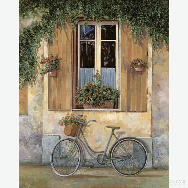 Bicycle with Flowers - Diamond Painting-Unveil your inner artist with our Bicycle with Flowers Diamond Painting Kit. Inspired by Guido Borelli, this kit offers a slice of tranquil Italian life.-Canvas by Numbers