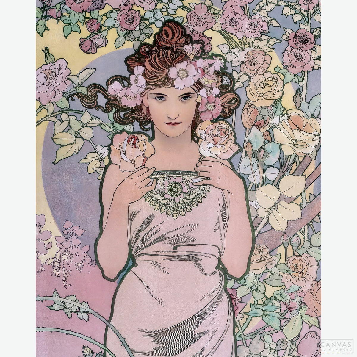 The Rose (1898) - Diamond Painting-Craft Alphonse Mucha’s "The Rose" with this diamond painting kit. Experience the elegance of roses and Art Nouveau charm in stunning detail.-Canvas by Numbers