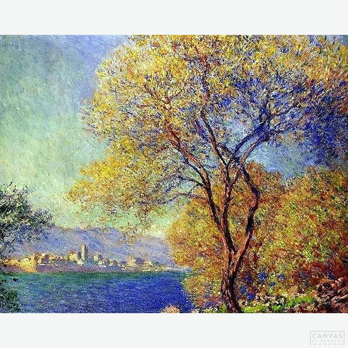 Antibes Seen from the Salis Gardens - Diamond Painting-Experience the brilliance of Claude Monet's Antibes through our diamond painting kit. Immerse yourself in its golden mid-afternoon light and ethereal mountain backdrop.-Canvas by Numbers