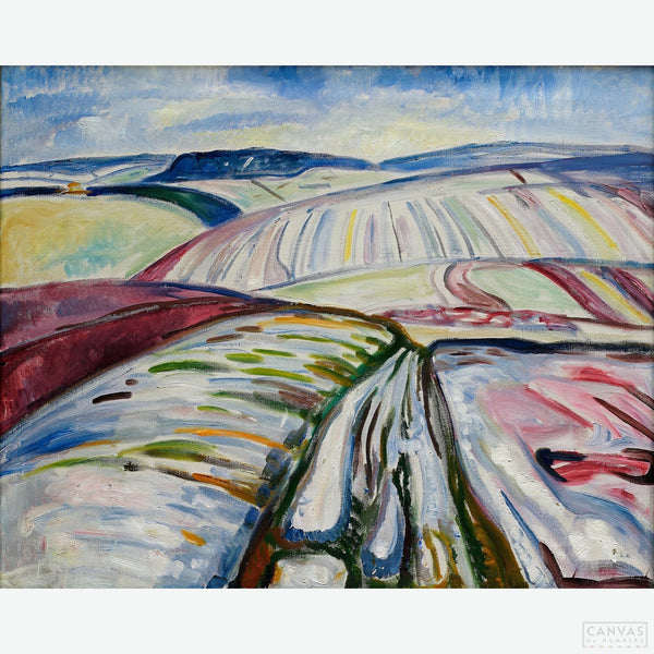 Field in Snow, 1907 - Diamond Painting-Recreate Edvard Munch's tranquil winter scene. This stunning artwork captures the tranquil essence of a snow-covered field, inviting you to explore Munch's unique perspective on nature's quiet elegance - Canvas by Numbers