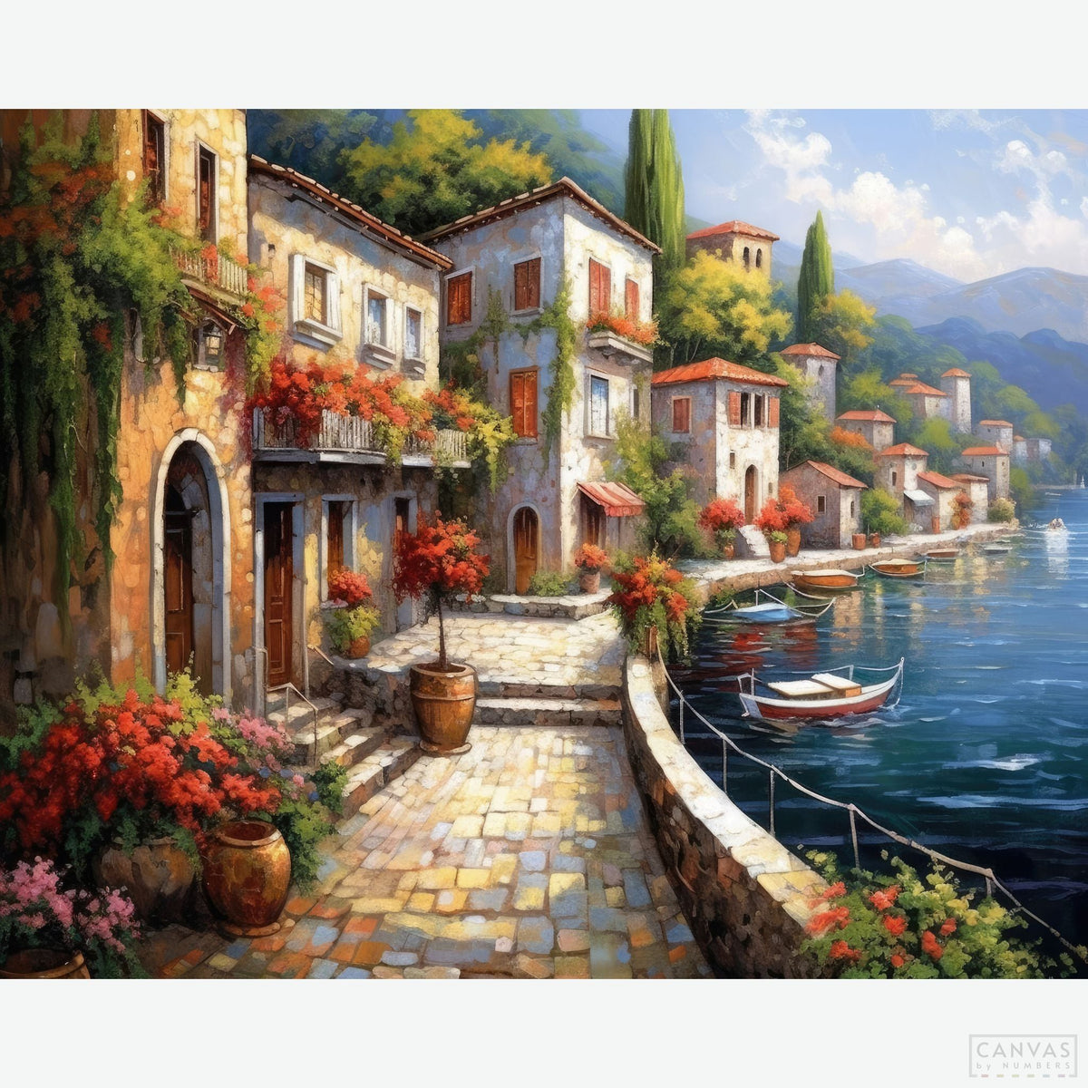 A Stroll Along the Promenade - Diamond Painting Kit-Experience Mediterranean charm with our 'A Stroll Along the Promenade' Diamond Painting Kit. Craft your sparkling artwork, one dazzling diamond at a time.-Canvas by Numbers