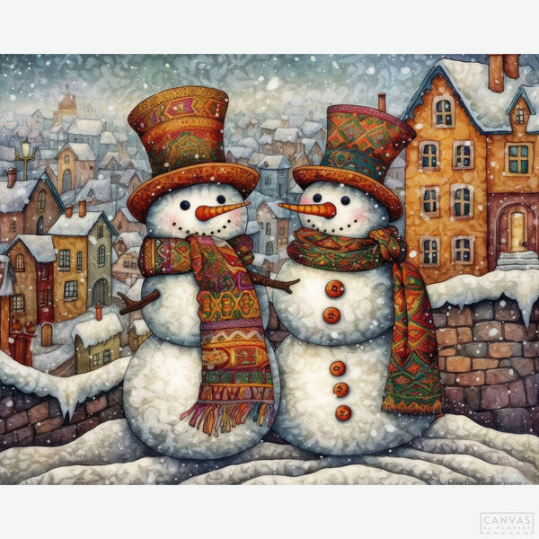 A Magical Season - Diamond Painting-Dive into the festive spirit with our Christmas diamond painting. Craft an enchanting snowy town scene with jovial snowmen at its heart.-Canvas by Numbers