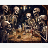 Afterlife Laughter - Diamond Painting-Bring humor and charm to Halloween with our Afterlife Laughter Diamond Painting Kit. Sparkling skeletons enjoying drinks and laughter for a festive, fun decoration.-Canvas by Numbers