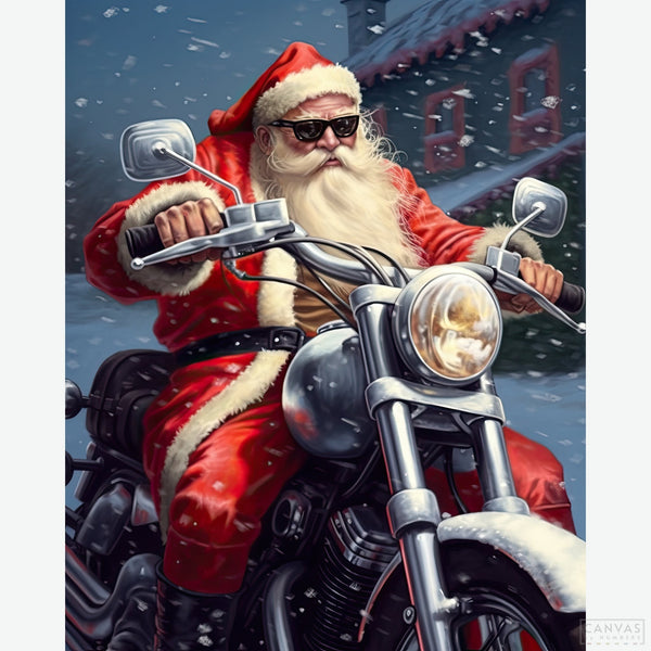 Rush Hour - Diamond Painting-Bring edgy holiday vibes to your decor with 'Rush Hour' diamond painting. Santa's modern ride against a snowy town adds a unique twist to Christmas art.-Canvas by Numbers