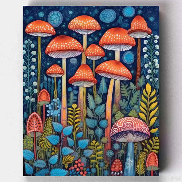 Mushroom Forest Paint by Numbers - Paint a fairy tale scene with 'Enchanted Mushroom Forest', capturing a serene forest and starlit sky in this delightful paint by numbers kit - Canvas by Numbers