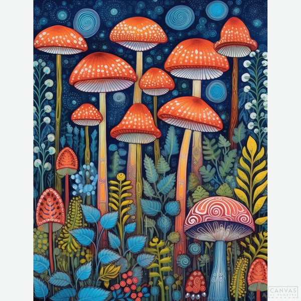 Enchanted Forest - Diamond Painting - Experience the enchanting allure of nature with our Diamond Painting depicting mushrooms thriving in a lush forest setting. From round, orange mushrooms adorned with white spots to a twinkling starry sky, each element of this painting reflects the rich diversity found in the forest - Canvas by Numbers