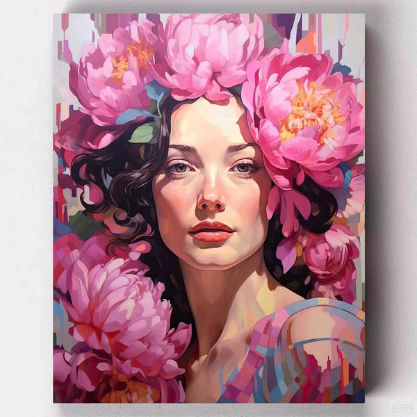 Beauty - Paint by Numbers-Create your own masterpiece with 'Beauty', a paint by numbers portrait of a lady in full bloom with a vibrant peonies headpiece.-Canvas by Numbers