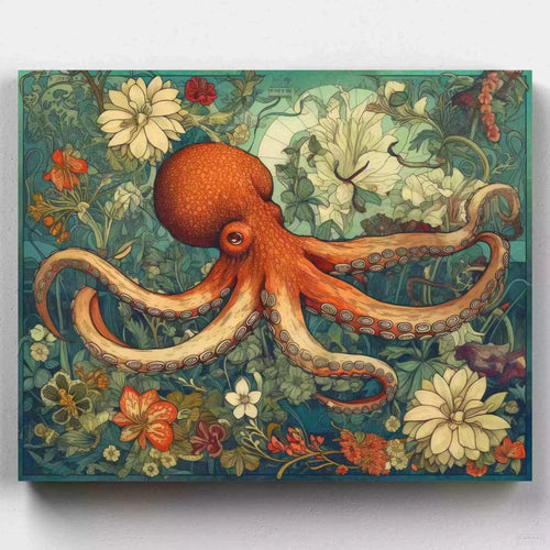 Flowery Depths. Explore an undersea floral fantasy of Flowery Depths - Octopus Paint by Numbers kit, where an octopus & Art Nouveau-inspired blooms unite | Canvas by Numbers.