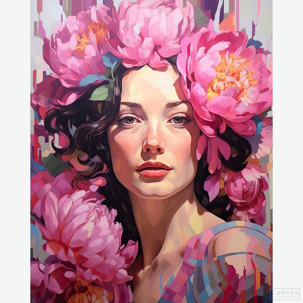 Beauty - Pink Peonies - Woman Diamond Painting - featuring a breathtaking portrayal of a woman adorned with vibrant pink peonies. The striking contrast between the vivid hues of the peony headpiece and the subtle tones of the woman's features creates a mesmerizing blend of elegance and vitality - Canvas by Numbers
