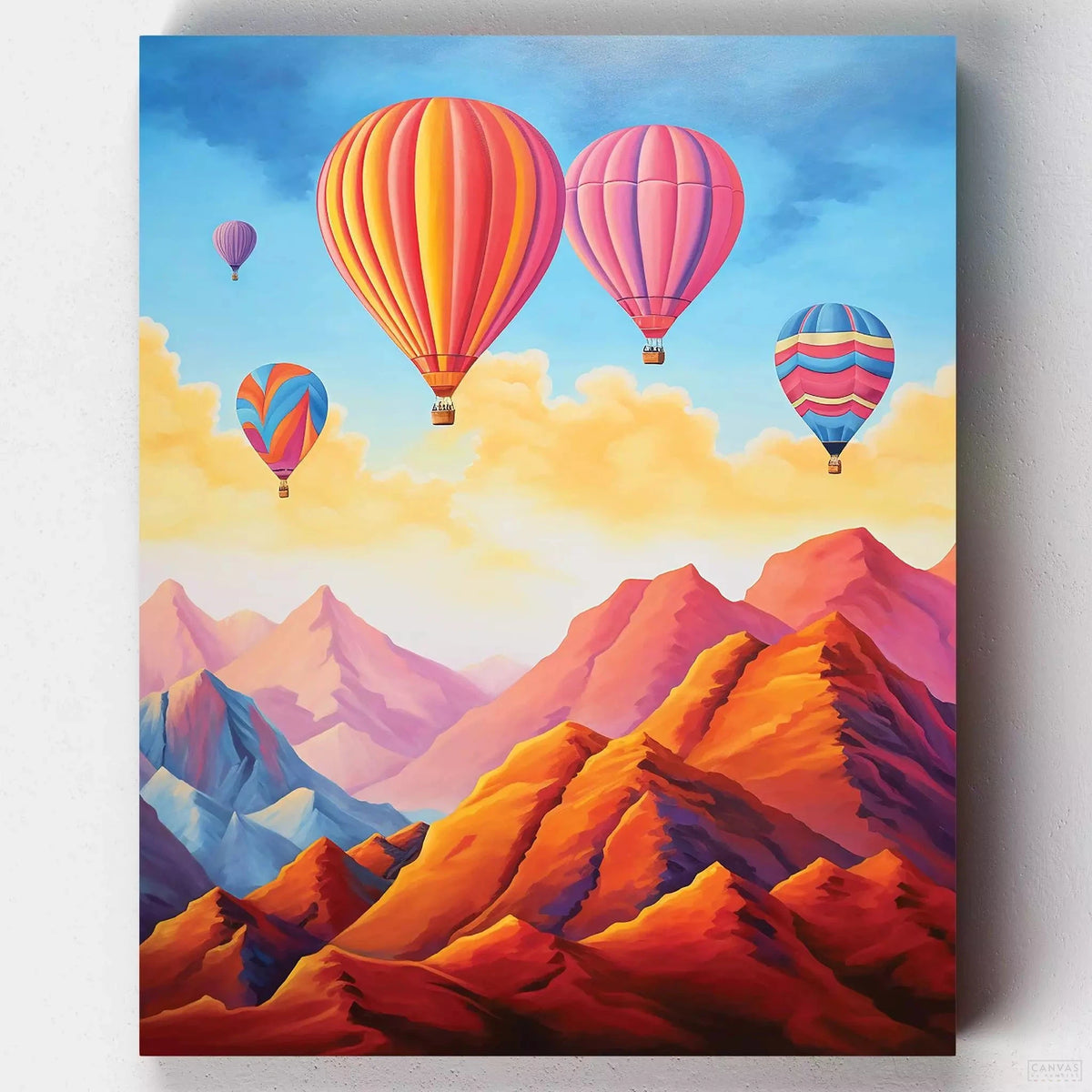 Skyward Balloons - Paint by Numbers-Paint a serene sky adventure with 'Skyward Balloons'. Capture the beauty of balloons over mountains in this vibrant paint by numbers kit.-Canvas by Numbers