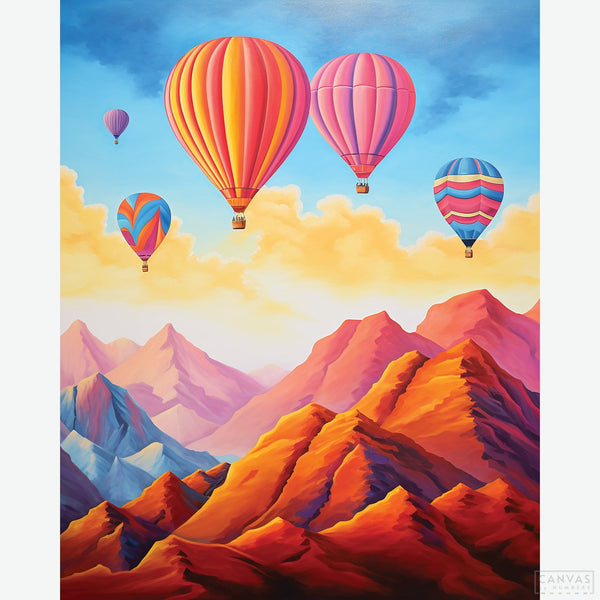 Skyward Balloons - Diamond Painting - Witness the breathtaking display of hot air balloons against the backdrop of orange and brown desert mountains under a sunset sky. The addition of puffy white clouds enhances the allure of the scenery, creating an enchanting panorama - Canvas by Numbers