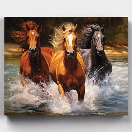 Untamed Currents. Capture the essence of freedom with 'Untamed Currents', a paint by numbers kit where wild horses powerfully traverse a river.