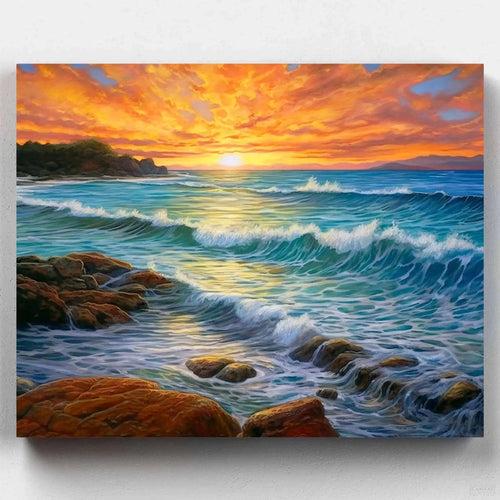 Ocean Sunrise. Calming Dawn comes to life in our Ocean Sunrise Paint by Numbers Kit. Let the canvas transport you to the rhythmic world of an ocean sunrise painting.