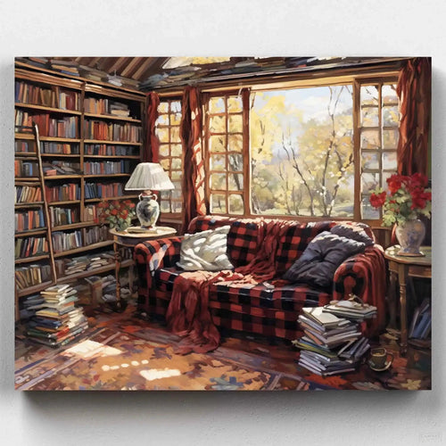 Reader's Haven. Paint your own peaceful escape with 'Reader's Haven', a delightful bookshelf painting by numbers kit capturing the serene bliss of a reader's cozy nook.