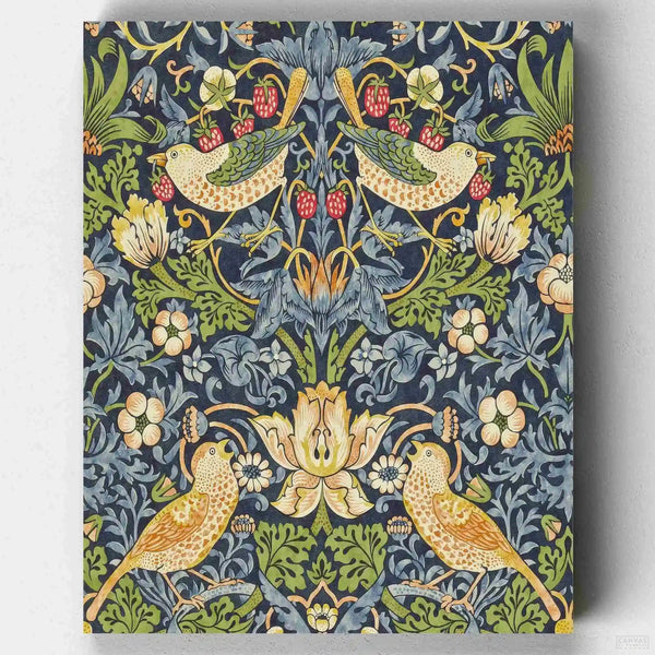 'The Strawberry Thief' - Paint by Numbers - Immerse yourself in a world where birds stealthily feast on ripe strawberries, celebrating nature's bounty and William Morris's dedication to exquisite craftsmanship. Canvas by Numbers