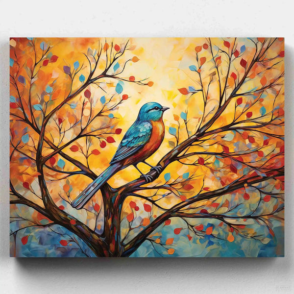 Eastern Bluebird Painting by Numbers - A Paint by Numbers Kit: Capture the essence of spring with our Eastern Bluebird painting kit, featuring vibrant colors on canvas of a beautiful Eastern Bluebird on a branch with red and blue leaves and orange background - Canvas by Numbers