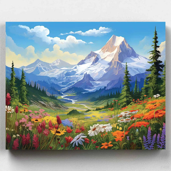 Experience the vibrant beauty of 'Mountain Bloom Valley' with our paint by numbers kit. This picturesque artwork captures the essence of a lush valley in full bloom, nestled amidst pristine snow-capped mountains. A landscape paint by numbers from Canvas by Numbers.