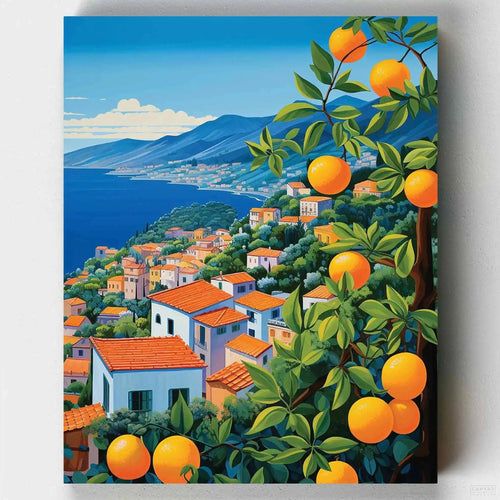 Citrus Coast. Create your own Mediterranean retreat with 'Citrus Coast', a landscape paint by numbers masterpiece blending citrus vibrancy with coastal charm.
