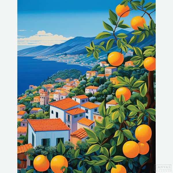 Citrus Coast - Landscape Diamond Painting-Imagine taking a leisurely stroll along a winding stone pathway, flanked by a vibrant tree adorned with bright orange fruits. In the distance, a picturesque Mediterranean village unfolds, painted in warm hues of orange and yellow, nestled amidst verdant greenery.  Majestic mountains rise against the backdrop of azure ocean waves, completing this stunning panorama - Canvas by Numbers