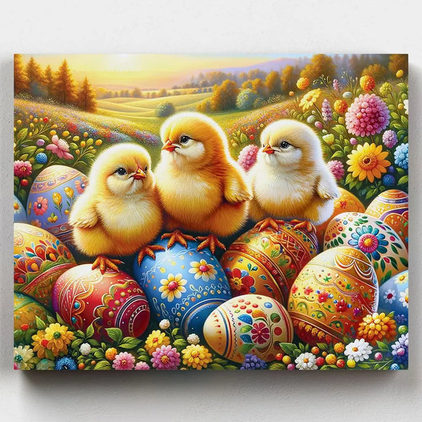 Easter Eggs and Chicks - Painting by Numbers - Capture the essence of Easter with our delightful "Easter Eggs and Chicks" painting kit. This charming easter eggs and chicks artwork features three adorable chicks atop colorful Easter eggs and surrounded by vibrant flowers - Canvas by Numbers
