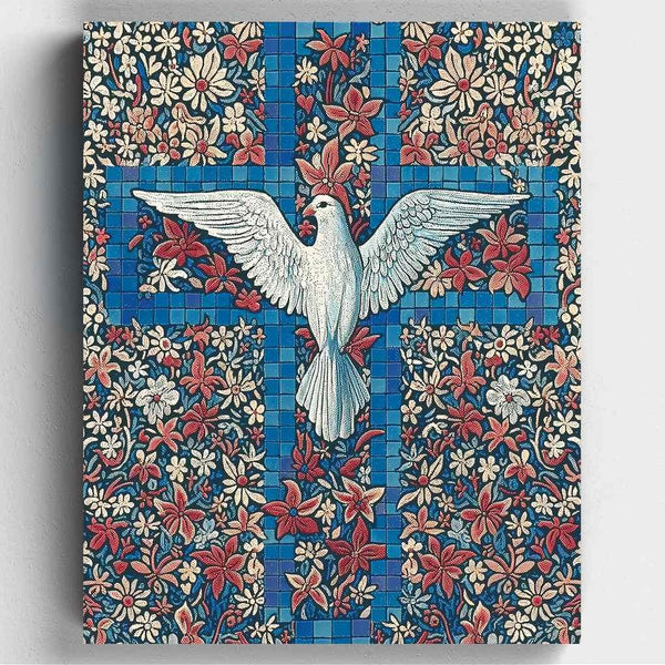 Dove and Cross - Painting by Numbers - Crafted with intricate detail, this paint by numbers features the central symbol of the cross, representing the crucifixion of Jesus Christ. Paired with the serene presence of a peaceful dove, it embodies the essence of peace and the Holy Spirit - Canvas by Numbers