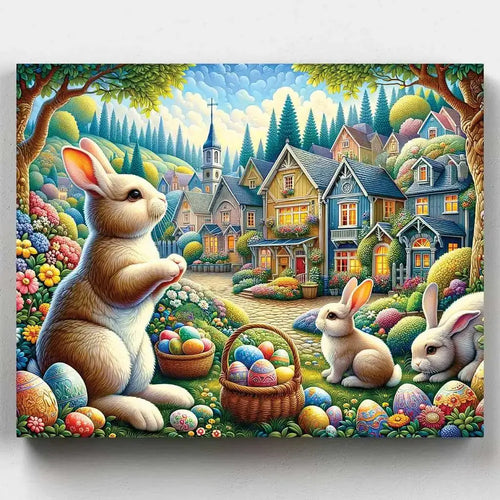 Easter Rabbits and Colorful Flowers. Celebrate Easter with our charming Easter Rabbits paint by numbers kit. Bring the joy of the holiday to life with adorable rabbit paintings - Canvas by Numbers.