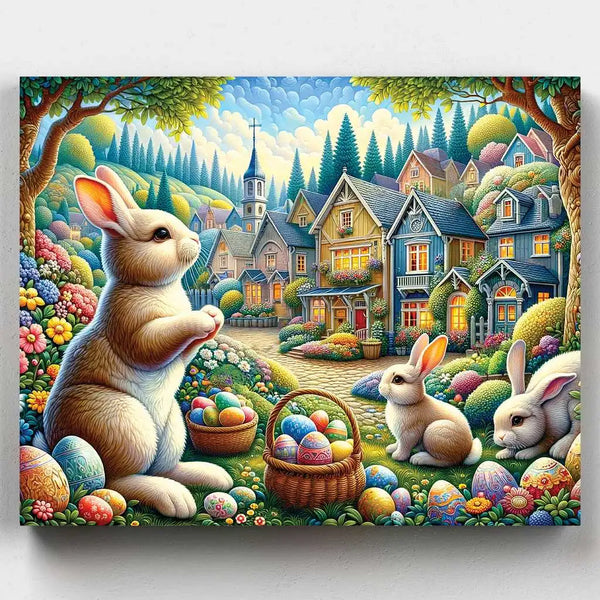 Easter Rabits and Colorful Flowers - Paint by Numbers - Our rabit paint by numbers brings the charm of Easter with adorable rabbits amidst a field of green grass and colorful flowers. Each brushstroke captures the essence of springtime and the festive atmosphere of Easter celebrations - Canvas by numbers